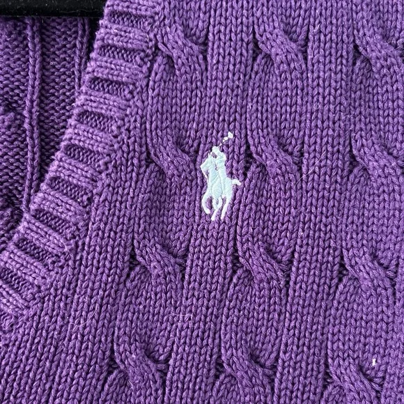 VTG Y2K Ralph Lauren Sport Cable Knit Sweater Women XS Purple V Neck Pony Preppy - Picture 3 of 4
